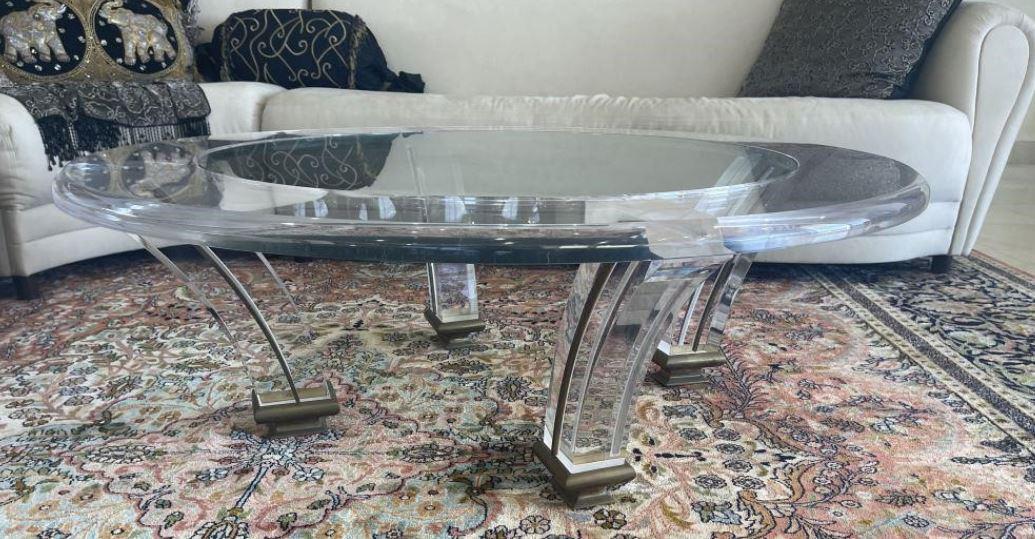 MID MOD ROUND LUCITE COFFEE TABLE 47.5": VINTAGE CHARLES HOLLIS JONES STYLE ROUND LUCITE COFFEE TABLE WITH SPLAYED TUSK SHAPED LEGS WITH BRASS DETAIL | MID CENTURY MODERN ACRYLIC VINTAGE FURNITURE COASTAL MODERN FLORIDA REGENCY HOME DECOR-17