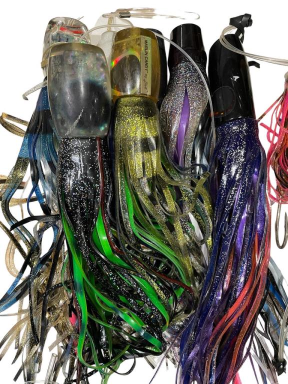 7 MARLIN CANDY SPORTFISHING LURES: 7 MARLIN CANDY* LURES (MOST MARKED)-16" TOTAL-HEAVY TACKLE FISHING GEAR OFFSHORE SPORTFISHING OFFSHORE GAMEFISHING BLUE WATER FISHING FISHERMAN-PRE OWNED CONDITION-DP12522