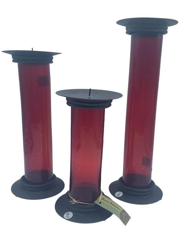 SET OF THREE RED GLASS PILLAR CANDLE HOLDERS 12" (1 of 3)