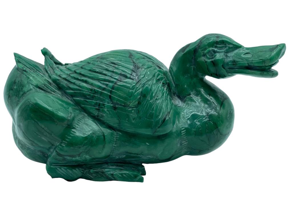LARGE CARVED CHINESE MALACHITE SEATED DUCK 7" (1 of 9)