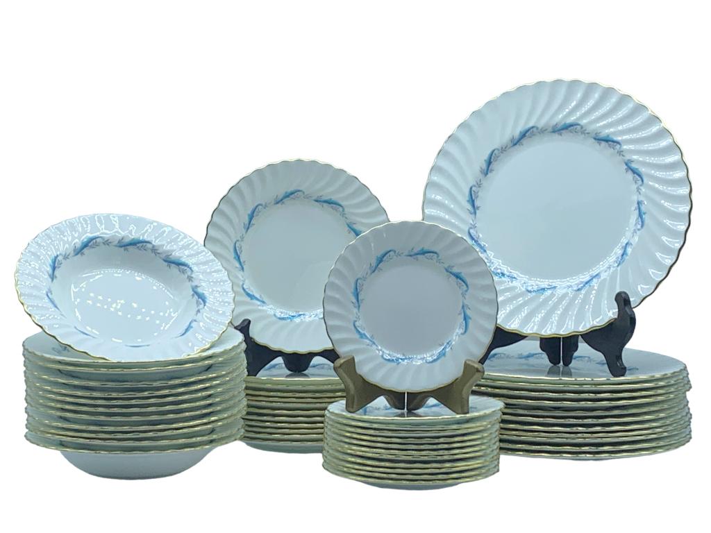 MINTON DOWNING "AQUA SCROLL" BONE CHINA SET (48): -MINTON DOWNING "AQUA SCROLL" BONE CHINA SET (48) -"RARE" MINTON "AQUA SCROLL" Downing Bone China set. -Service For (12) Made in England-10" DINNER PLATES - 12-7.5" SALAD PLATES - 12-6" DESSERT PLATES