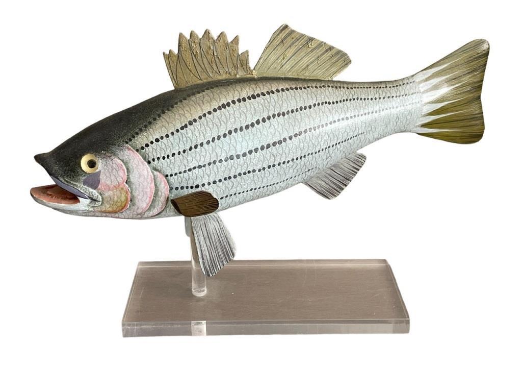 HAND PAINTED WOOD CARVED FISH ON LUCITE BASE 10": VINTAGE WOOD CARVED HAND PAINTED FISH ON LUCITE BASE-5.5" X 10" X 2"-GOOD PRE OWNED CONDITION-DP111022