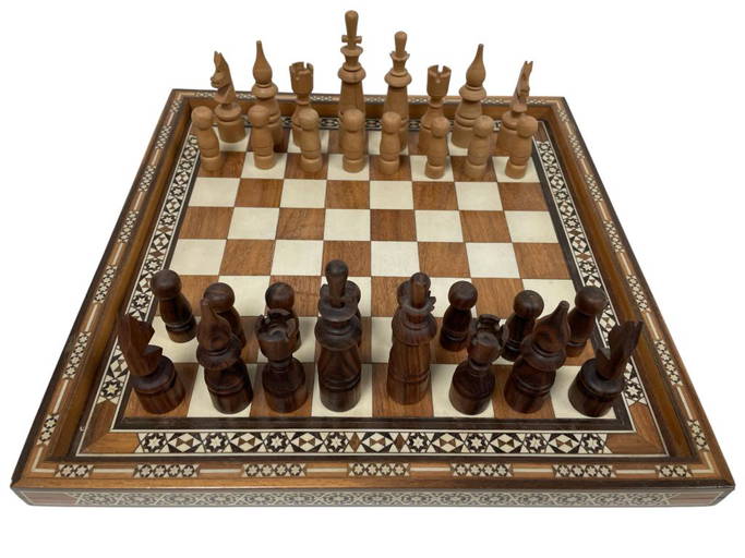 Large Marble Chess Set- Black and White Coral with Fancy Chess Pieces-  White Border- 16