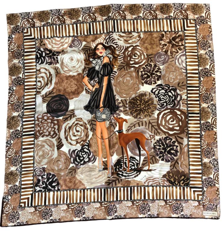 HENRI BENDEL ZANOU GIRL WITH DOG SCARF: HENRI BENDEL ZANOU GIRL WITH DOG SCARF -BROWN SILK-SIZE: 34"-GOOD PREOWNED CONDITION 4/3 KA BTQ