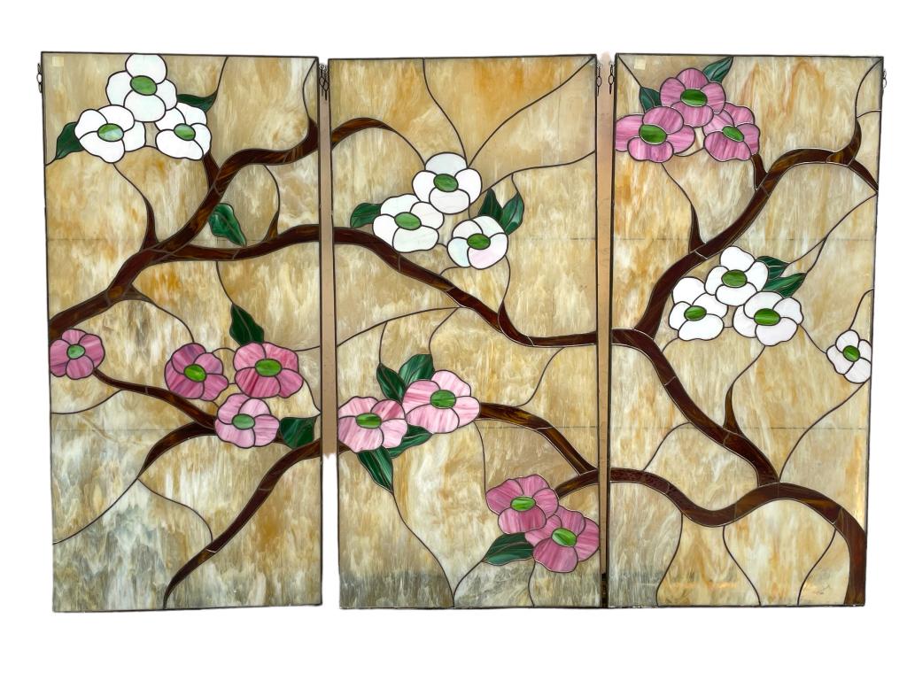 LARGE STAINED GLASS TRIPTYCH HANGING ART 84" (1 of 9)