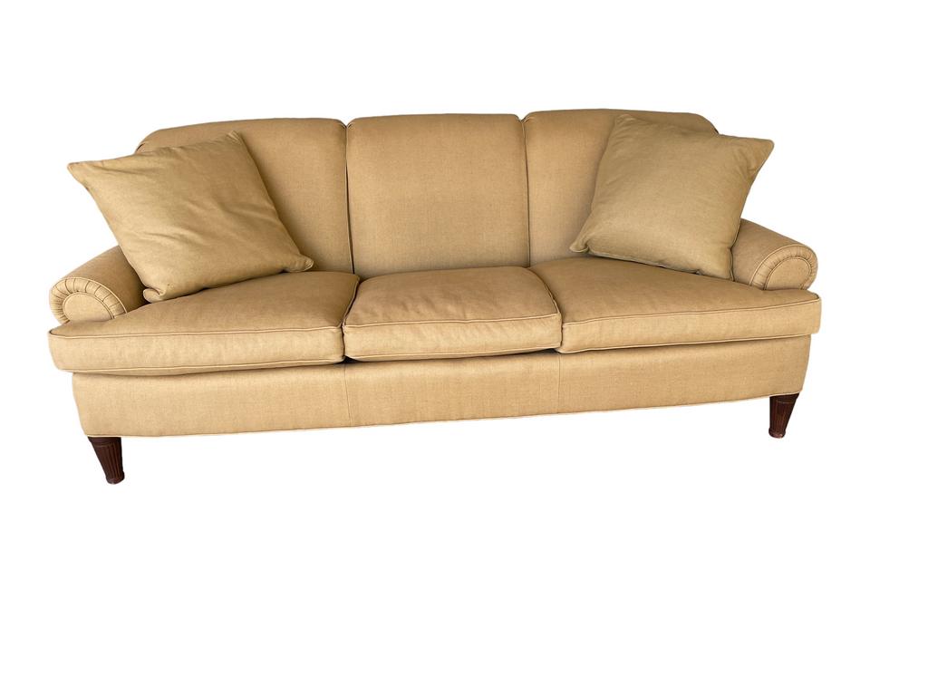 RALPH LAUREN NATURAL EARTHTONE SOFA 81": RALPH LAUREN NATURAL EARTHTONE SOFA AND PILLOWS-36" X 81" X 34" APPROX-GOOSE DOWN FEATHER CUSHION AND BACK-GOOD PRE OWNED CONDITION, MINOR WEAR-DP4523