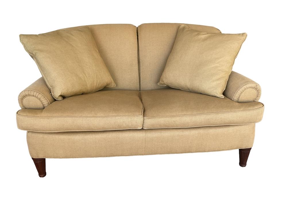 RALPH LAUREN NATURAL EARTHTONE LOVESEAT SOFA 58": RALPH LAUREN NATURAL EARTHTONE LOVESEAT SOFA AND PILLOWS-36" X 58" X 34" APPROX-GOOSE DOWN FEATHER CUSHION AND BACK-GOOD PRE OWNED CONDITION, MINOR WEAR-DP4523