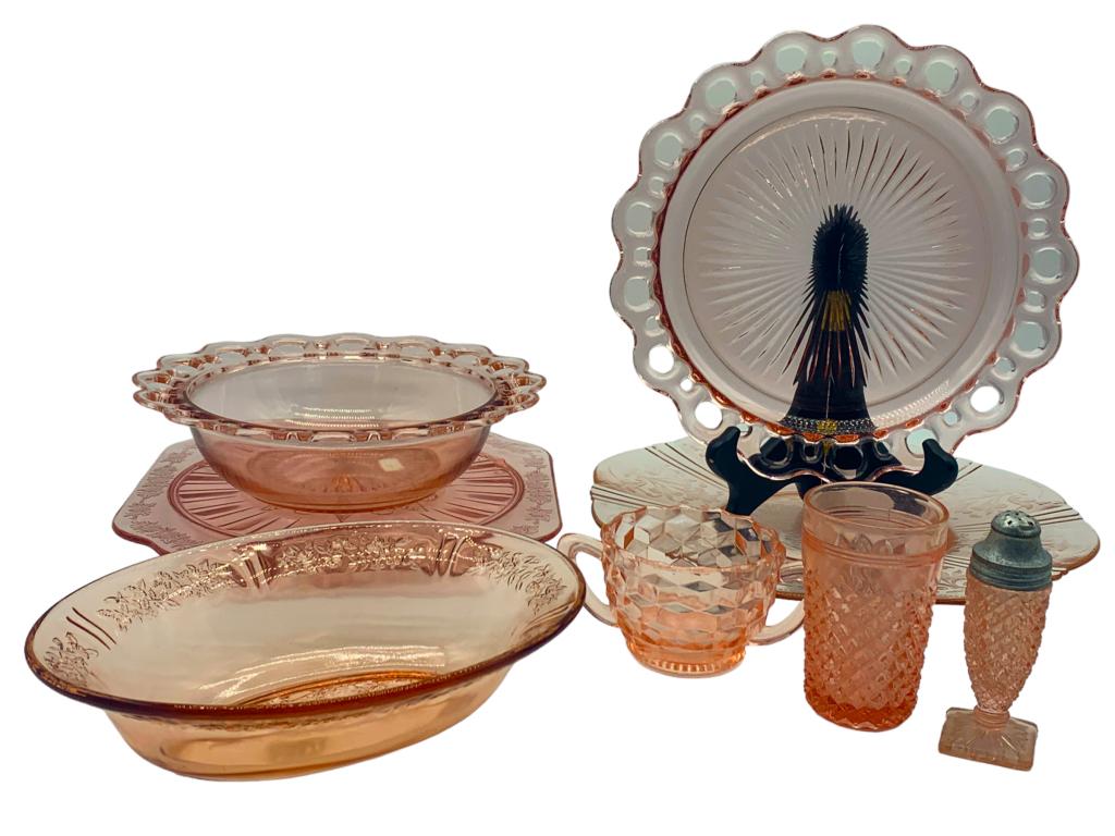 VTG PINK DEPRESSION GLASS SERVING SET (9) (1 of 9)