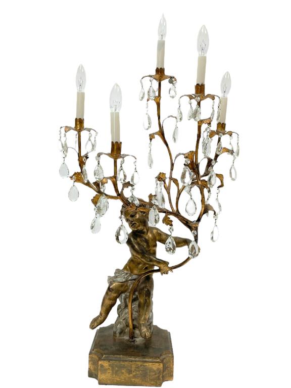 ITALIAN CARVED WOOD CHERUB ANGEL CANDELABRA LAMP (1 of 9)