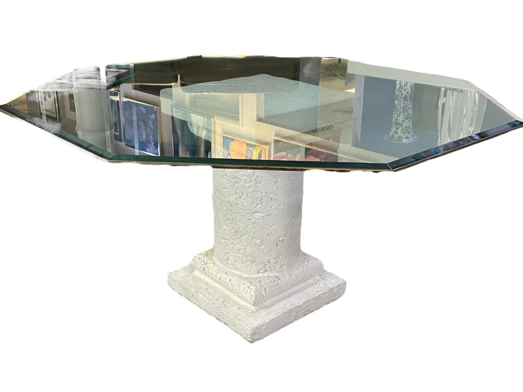 CCONTEMPORARY COASTAL PEDESTAL DINING ROOM TABLE: CONTEMPORARY COASTAL PEDESTAL DINING ROOM TABLE -28.5" X 18" X 18" APPROX TO BASE-GLASS TOP 56" HEXAGON SHAPE (DETACHED METAL BEVEL)-PRE OWNED CONDITION SEE ALL PHOTOS. CONTEMPORARY DINING ROOM TABLE