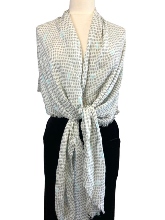 PURE DKNY POLKA DOT DESIGN WOMENS SHAWL: PURE DKNY POLKA DOT DESIGN WOMENS SHAWL -VERY GOOD PREOWNED CONDITION-100% COTTON-SIZE: OS (56" X 56")-COLOR: GRAY AND TURQUOISE4/6/23 KA BTQ SCAR