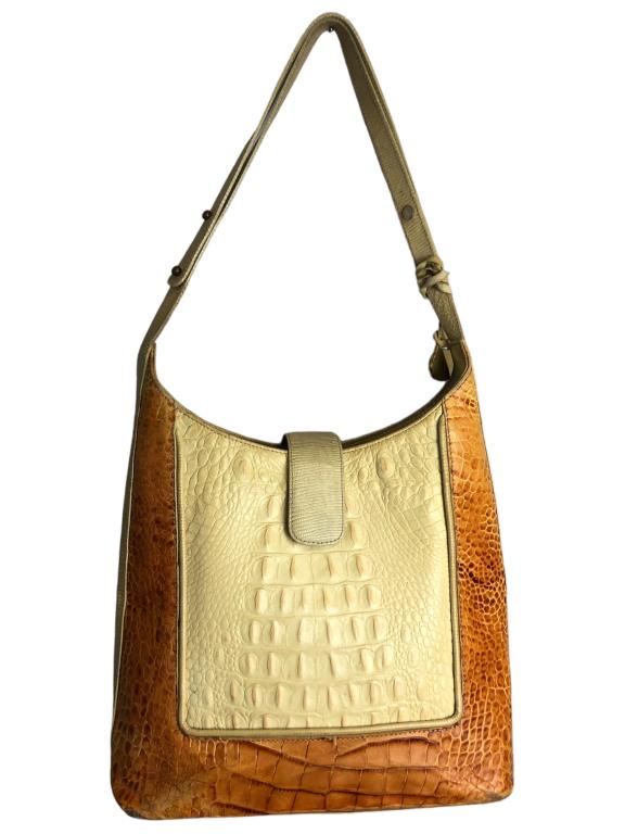 BRAHIM TRICOLOR KENDALL LEATHER WOMENS BAG: BRAHIM TRICOLOR KENDALL LEATHER WOMENS BAG -GOOD PREOWNED CONDITION-CROC EMBOSSED, ADJUSTABLE STRAP, EMBOSSED LOGO CHARM-COLOR: TOASTED ALMOND, TAN-SIZE; PLEASE SEE ALL PHOTOSKA 4/14 BTQ