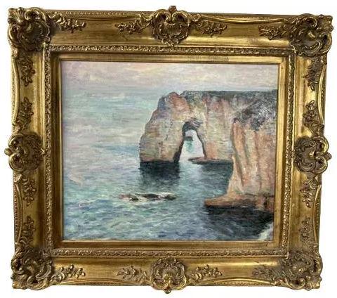 AFTER MONET MANNE PORTE ETRETAT OIL PAINTING 34": AFTER CLAUDE MONET , MANNE PORTE ETRETAT OIL PAINTING IN GOLD GILT FRAME-30"X 34" APPROX TO FRAME-GOOD PRE OWNED CONDITION-DP91322
