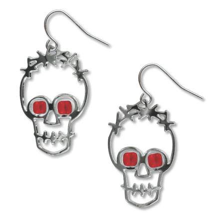 NEW! 2 SKULLS RUBY GLASS PIERCED EARRINGS (1 of 3)
