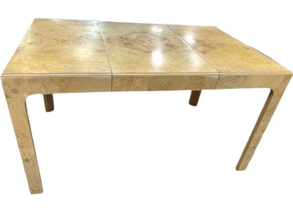 VINTAGE HENRIDON STYLE BURLWOOD TABLE / DESK 53": VINTAGE HENRIDON STYLE BURLWOOD TABLE / DESK | MID CENTURY MODERN FURNITURE HOME DECOR-29" X 53" X 33" APPROX-VERY GOOD CONDITION WEAR CONSISTENT WITH AGE AND USE, WEAR TO TOP-DP101521