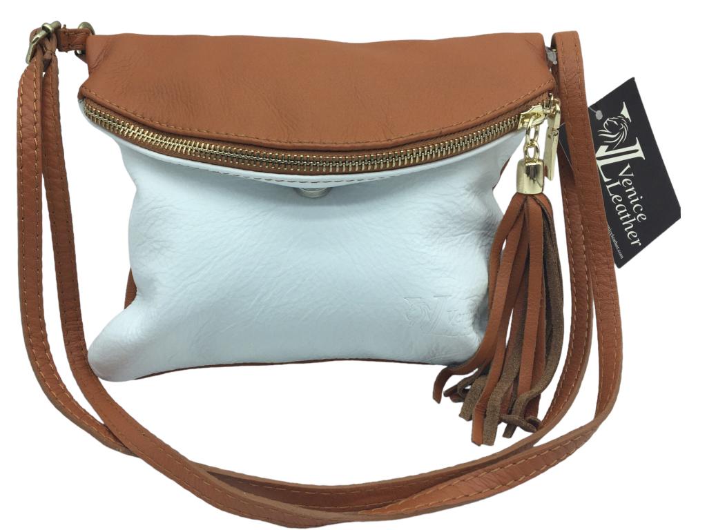 VENICE LEATHER TAN & WHITE CROSSBODY HANDBAG 7.5" (1 of 5)