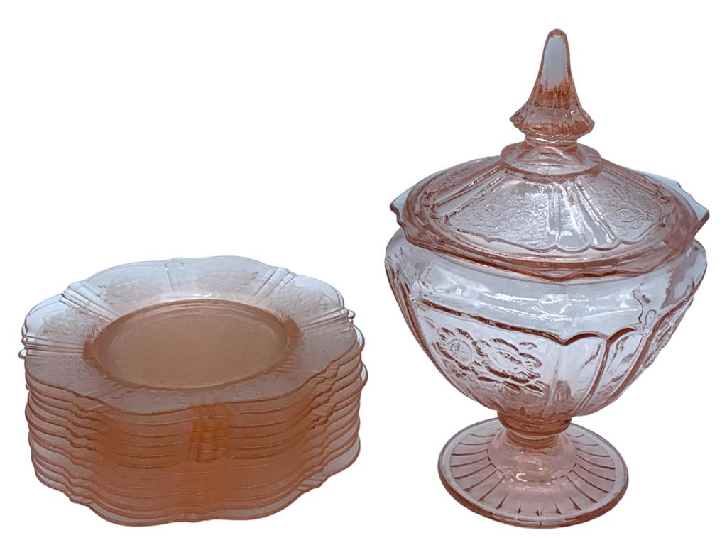 VTG PINK DEPRESSION GLASS COMPOTE & DESSERT PLATES (1 of 5)