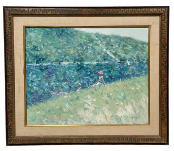 ANDRE GISSON TWO FIGURES ON LANDSCAPE PAINTING 30": ANDRE GISSON "TWO FIGURES ON LANDSCAPE " OIL ON CANVAS PAINTING FRAMED-24.5" X 30" TO ART33.5" X 39" TO FRAME-VERY GOOD PRE OWNED CONDITION-DP2223GALLERYW