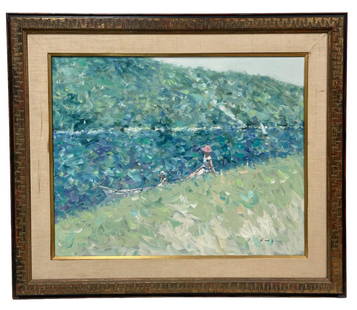 ANDRE GISSON TWO FIGURES ON LANDSCAPE PAINTING 30": ANDRE GISSON "TWO FIGURES ON LANDSCAPE " OIL ON CANVAS PAINTING FRAMED-24.5" X 30" TO ART33.5" X 39" TO FRAME-VERY GOOD PRE OWNED CONDITION-DP2223GALLERYW