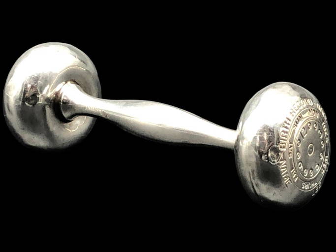 Vtg Sterling Silver Baby Rattle Barbell