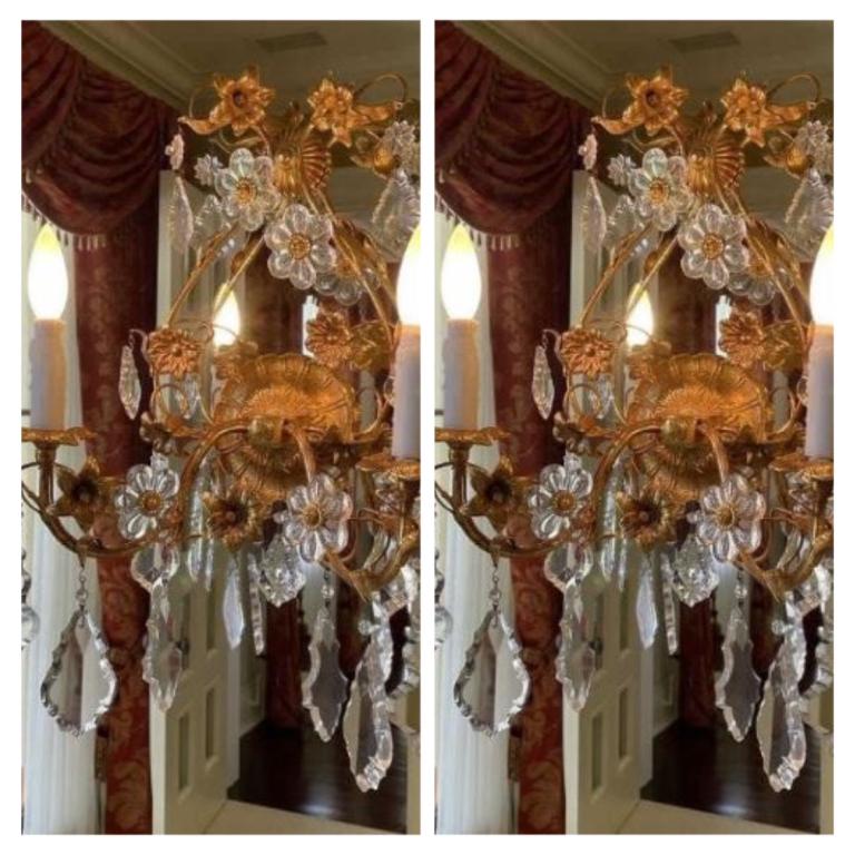 PAIR OF REGENCY GILT FLOWER & CRYSTAL WALL SCONCES (1 of 8)