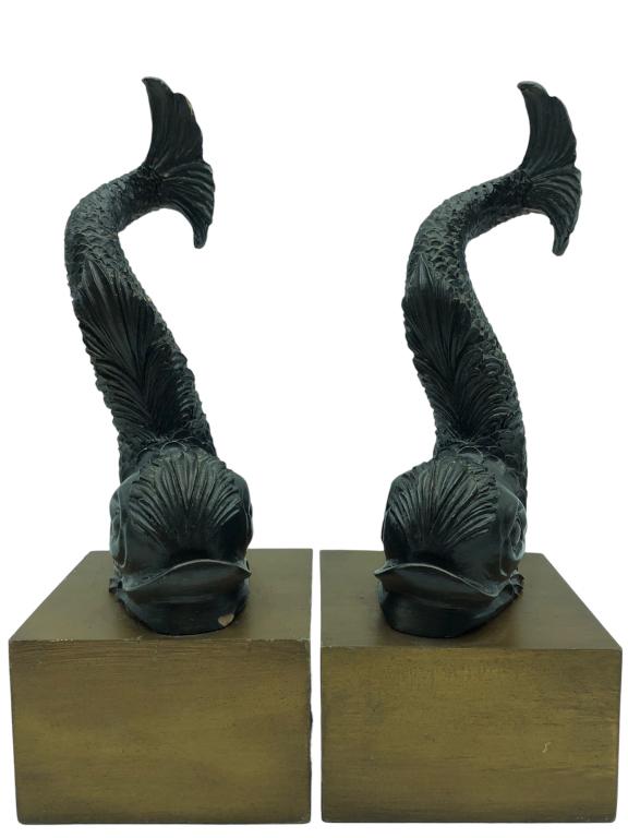 ART DECO MYTHOLOGICAL FISH BOOK ENDS - 2: ART DECO MYTHOLOGICAL FISH BOOK ENDS -2 PIECE, GOOD CONDITION-WOOD END-SIZE: 12" X 4.5"KA 5/30/23 SHO