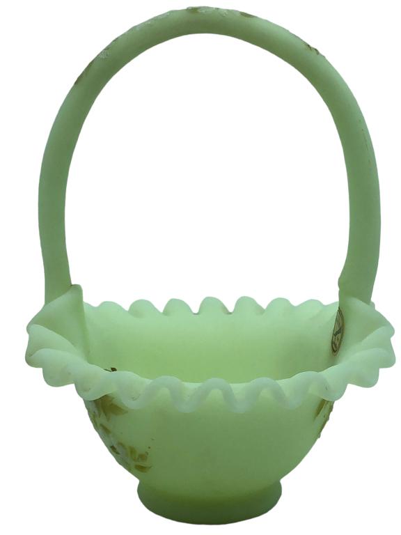 FETON HANDPAINTED CUSTARD SATIN GLASS BASKET: FETON HANDPAINTED CUSTARD SATIN GLASS BASKET -VERY GOOD CONDITION-HANDPAINTED BY ALDERMAN-SIZE APPROX.: 8" X 6"-KA 6/1/23 SHO