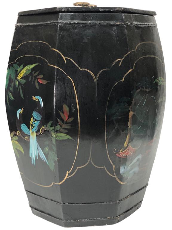 ANTIQUE CHINESE WOODEN RICE BARREL - 18": ANTIQUE CHINESE WOODEN RICE BARREL -VERY GOOD CONDITION-MATERIAL- WOOD-SIZE: 18" X 11.5"-KA 6/2/23 SHO