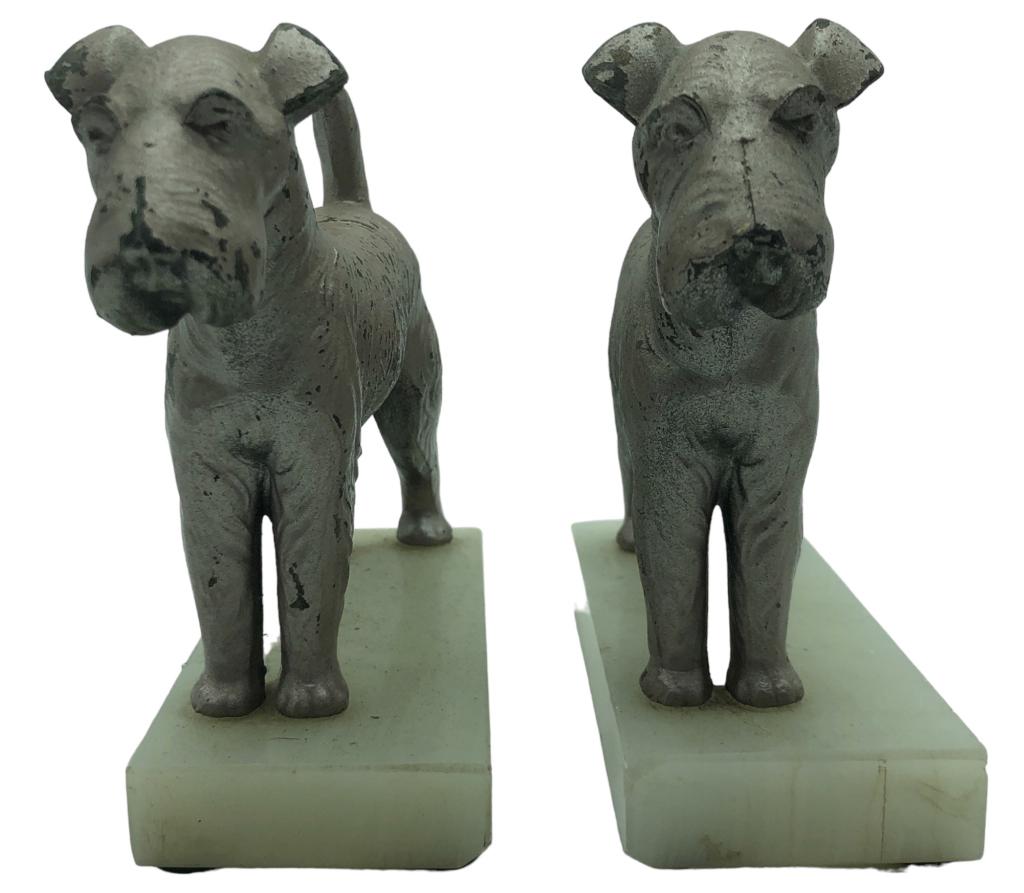 PAIR OF VINTAGE TERRIER DOG BOOKENDS 5.5" H: PAIR OF VINTAGE TERRIER DOG BOOKENDS | HOME LIBRARY BOOKSHELF DESK ACCESSORIES-CAST IRON ON ALABASTER STYLE BASE-5.5" HEIGHT-GOOD PRE OWNED CONDITION, MINOR WEAR-DP6523***A PORTION OF THESE PROCEEDS W