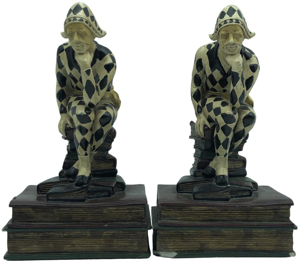 PAIR OF VINTAGE HARLEQUIN BOOKENDS 8": PAIR OF VINTAGE HARLEQUIN BOOKENDS-8" HEIGHT-PRE OWNED CONDITION , SMALL CHIP TO CORNER***A PORTION OF THESE PROCEEDS WILL BE DONATED TO JOYS HOUSE A 501C CHARITY