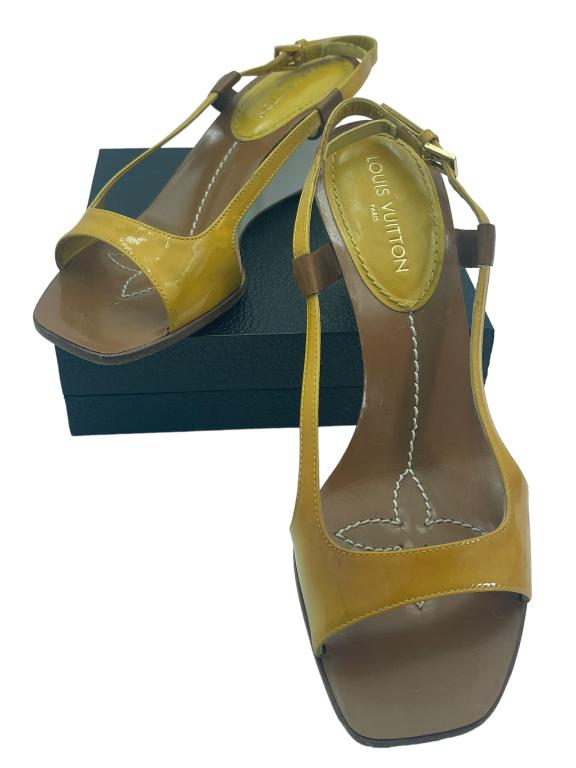 LOUIS VUITTON YELLOW LEATHER SLING BACK WEDGE: LOUIS VUITTON YELLOW LEATHER SLING BACK WEDGE SIZE 37-VERY GOOD PRE-OWNED CONDITION