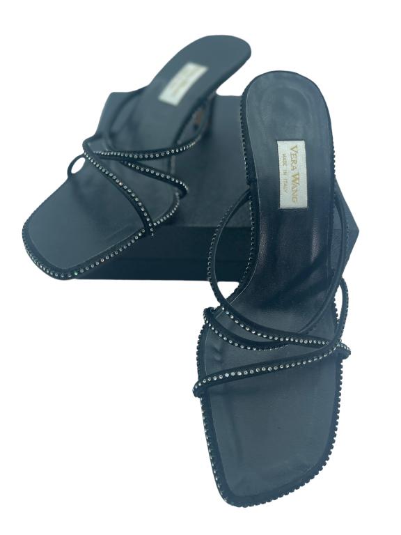 VERA WANG BLACK CRYSTAL KITTEN HEEL SANDALS (1 of 3)