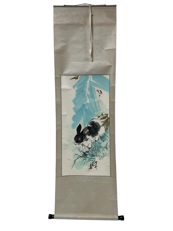 VINTAGE PAINTED RABBIT CHINESE WALL SCROLL 65" (1 of 7)