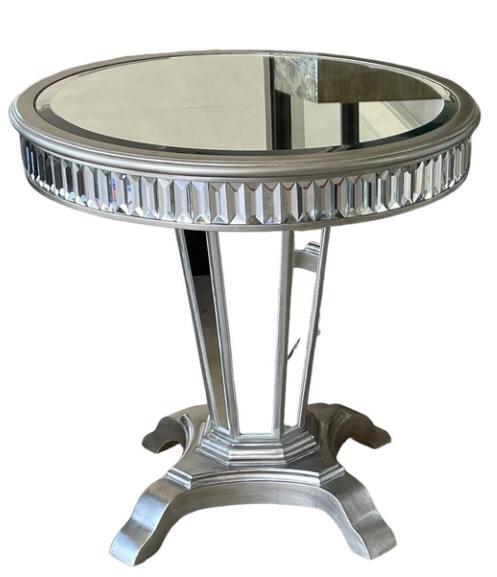STRATA MIRRORED ACCENT END TABLES (2): -STRATA MIRRORED ACCENT END TABLES -ROUND PEDESTAL TABLE WITH MIRROR TOP ANTIQUE CHAMPAGNE FINISH WITH MIRROR FACINGS -SOLID WOOD FRAME CONSTRUCTION SET OF (2) END TABLES SIZE: 20"L X 20"D X 27"H JR S
