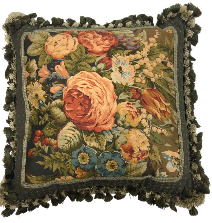 WILLIAM MORRIS STYLE GREEN FRINGED THROW PILLOW (1 of 3)