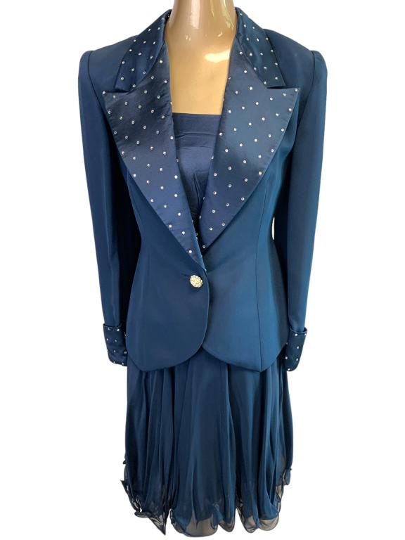 STUNNING CUSTOM NAVY 100% SILK 3 PC EVENING SUIT (1 of 3)