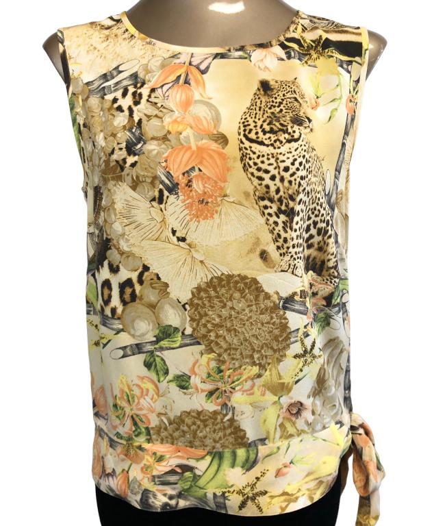 ESCADA LEOPARD & FLOWERS PRINT WOMENS SHIRT: ESCADA LEOPARD & FLOWERS PRINT WOMENS SHIRT -GOOD PREOWNED CONDITION-SLEEVELESS KNIT-SHOULDER: 15"-BUST: 18.5"-LENGTH: 22.5"4/10/23 KA BTQ