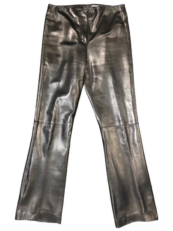 DKNY BLACK LEATHER FLARE PANTS SZ 8": DKNY BLACK LEATHER FLARE PANTS -GOOD PREOWNED CONDITION-COLOR- BLACK SIZE: 8 BTQ 4/25