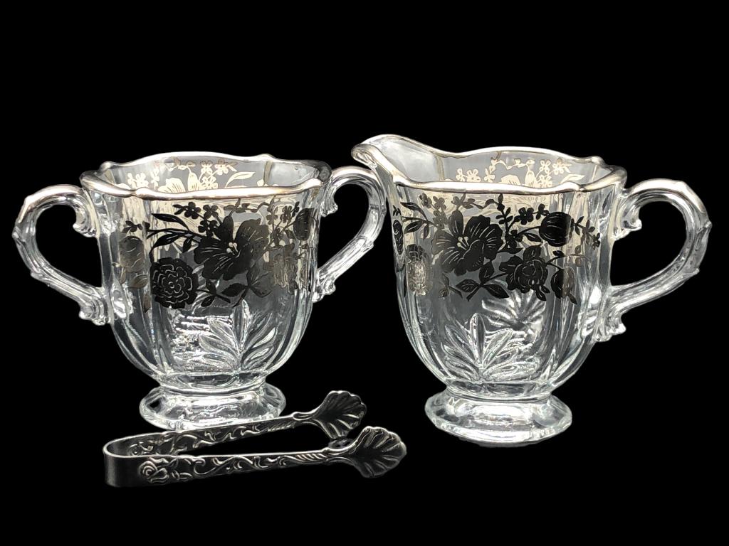 VTG FOSTORIA STYLE STERLING CREAM & SUGAR SET (2): -VTG FOSTORIA STYLE BAROQUE CREAM & SUGAR SET WITH ORNATE STERLING SILVER OVERLAY & SILVER TONGS-SET OF 3 PIECES-SIZE: 4' X 4"-JR SR WAL CAB 06/14