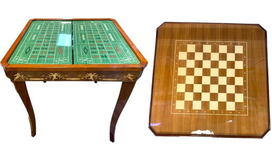 VINTAGE ITALIAN INLAID WOOD MULTIGAME TABLE 31": VINTAGE NOTTURNO INTARSIO STYLE ITALIAN INLAID WOOD MULTIGAME TABLE WITH ROULETTE CHECKERS / CHESS BACKGAMMON-28" X 31" X 31" APPROX-PRE OWNED CONDITION, LOOSENESS TO LEGS, MINOR WEAR, MISSING ROULETT