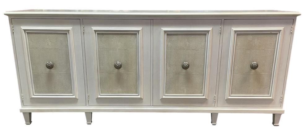 SHERRILL OCCASIONAL SHAGREEN SIDEBOARD CABINET: SHERRILL OCCASIONAL NAPLES WHITE SIDEBOARD CABINET WITH IVORY COLOR SHEGREEN STYLE DOORS-37.5" X 89.5" X 20" APPROX-GOOD PRE OWNED CONDITION,MINOR WEAR-DP42823