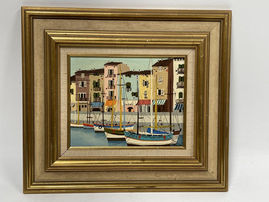 GEORGES DAMIN SOUTH FRANCE SAILBOAT PAINTING: GEORGES DAMIN SOUTH FRANCE SAILBOAT PAINTING-15.5" X 17" APPROX-GOOD PRE OWNED CONDITION-DP3123