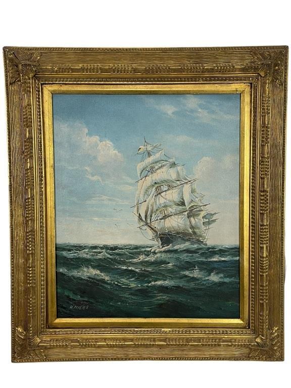H. HYERS MARITIME SHIP PAINTING 33" (1 of 4)