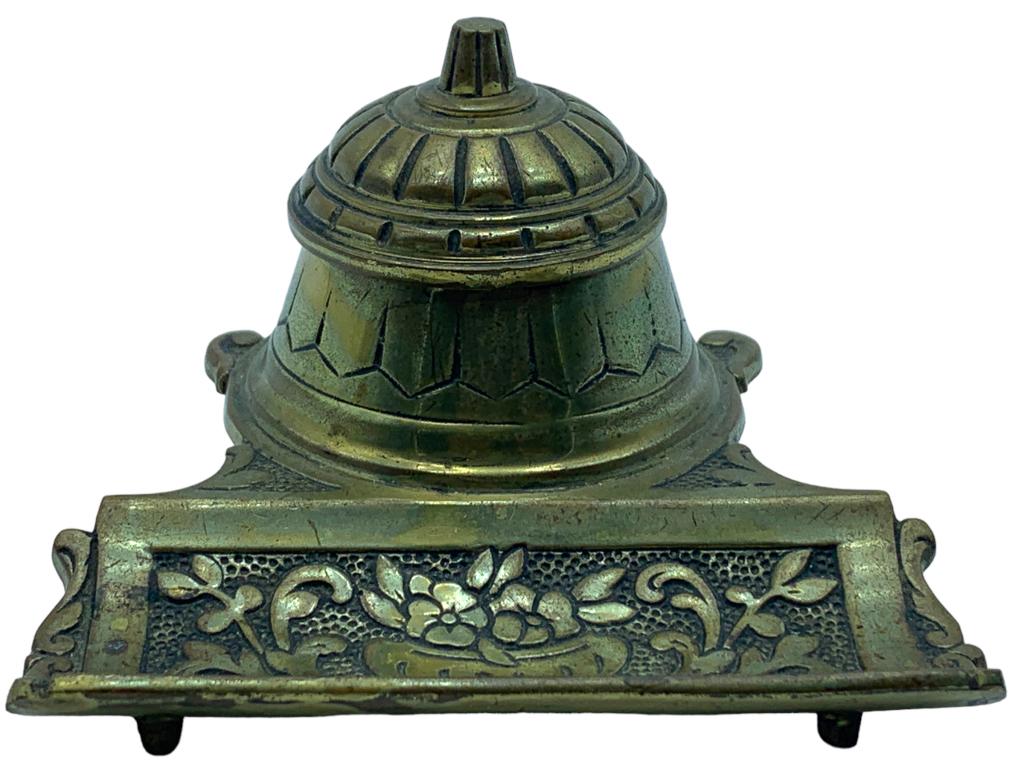 ANTIQ GERMAN BRONZE INKWELL & PEN HOLDER 4.25" (1 of 6)