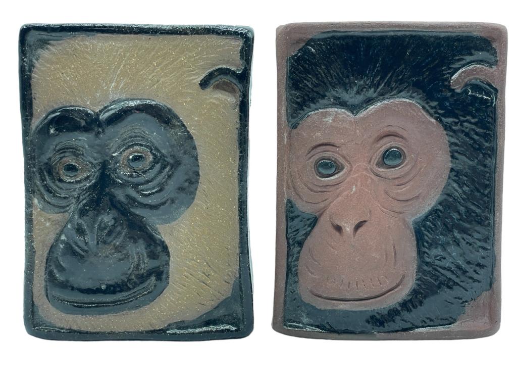 PAIR OF MID CENTURY TERRACOTTA MONKEY PLAQUES 6" (1 of 6)