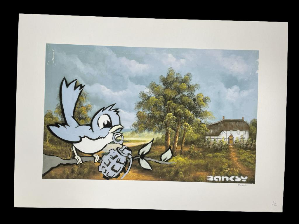 BANKSY STYLE BIRD & GRENADE LITHO PRINT 22.5" (1 of 8)