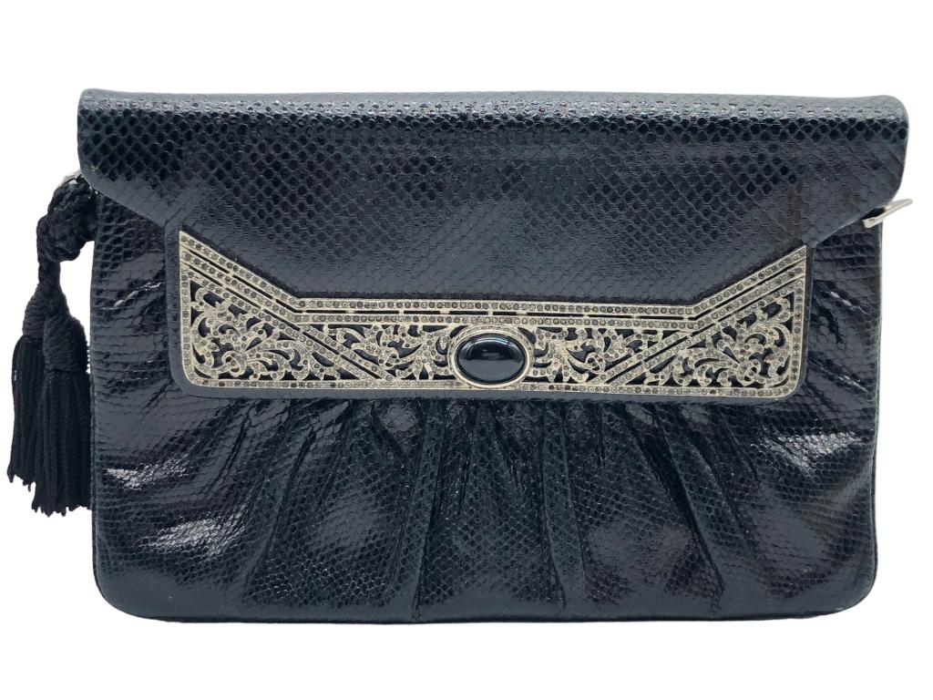 JUDITH LEIBER EMBOSSED LEATHER BLACK CLUTCH (1 of 8)