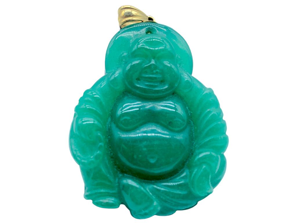 VINTAGE JADE BUDHA WITH 14 K GOLD CLASP SLIDE: VINTAGE JADE BUDHA WITH 14 K GOLD CLASP SLIDE