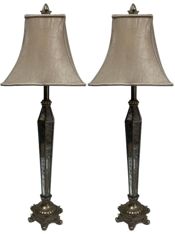 TRADITIONAL DISTRESSED MIRROR TABLE LAMPS,PAIR 37": PAIR OF TRADITIONAL DISTRESSED SMOKED MIRROR FACETED TABLE LAMPS-37" HEIGHT EACH-GOOD PRE OWNED CONDITION-DP71123