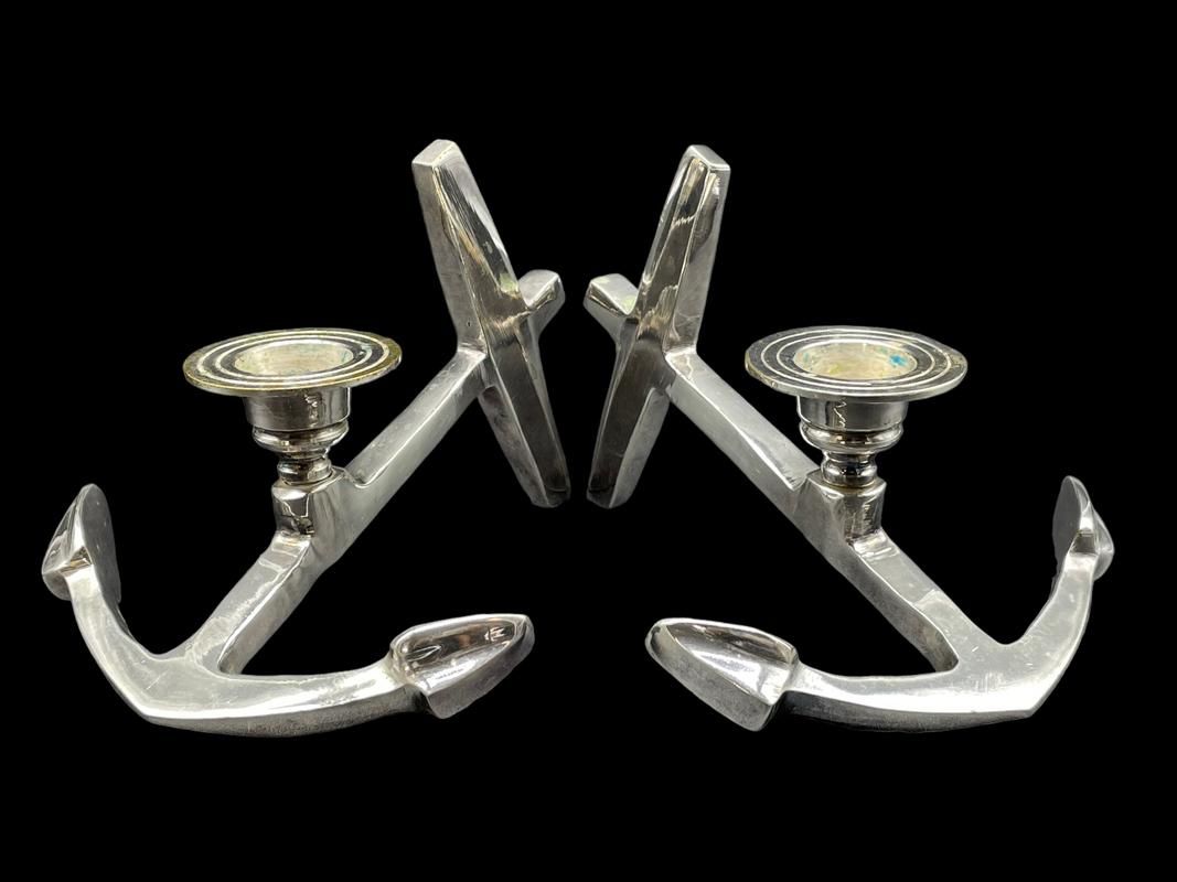 STERLING SHIP ANCHORS CANDLESTICK HOLDERS (2): -STERLING SHIP ANCHORS CANDLESTICK HOLDERS- SIZE: 4" X 4.5"-GOOD PREOWNED CONDITION JR BTQ 07/19